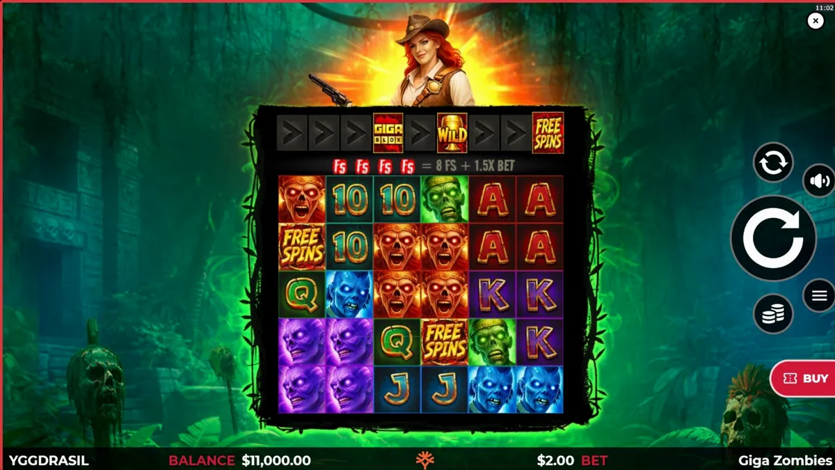Interface do slot Giga Zombies com elementos de selva maia e zumbis