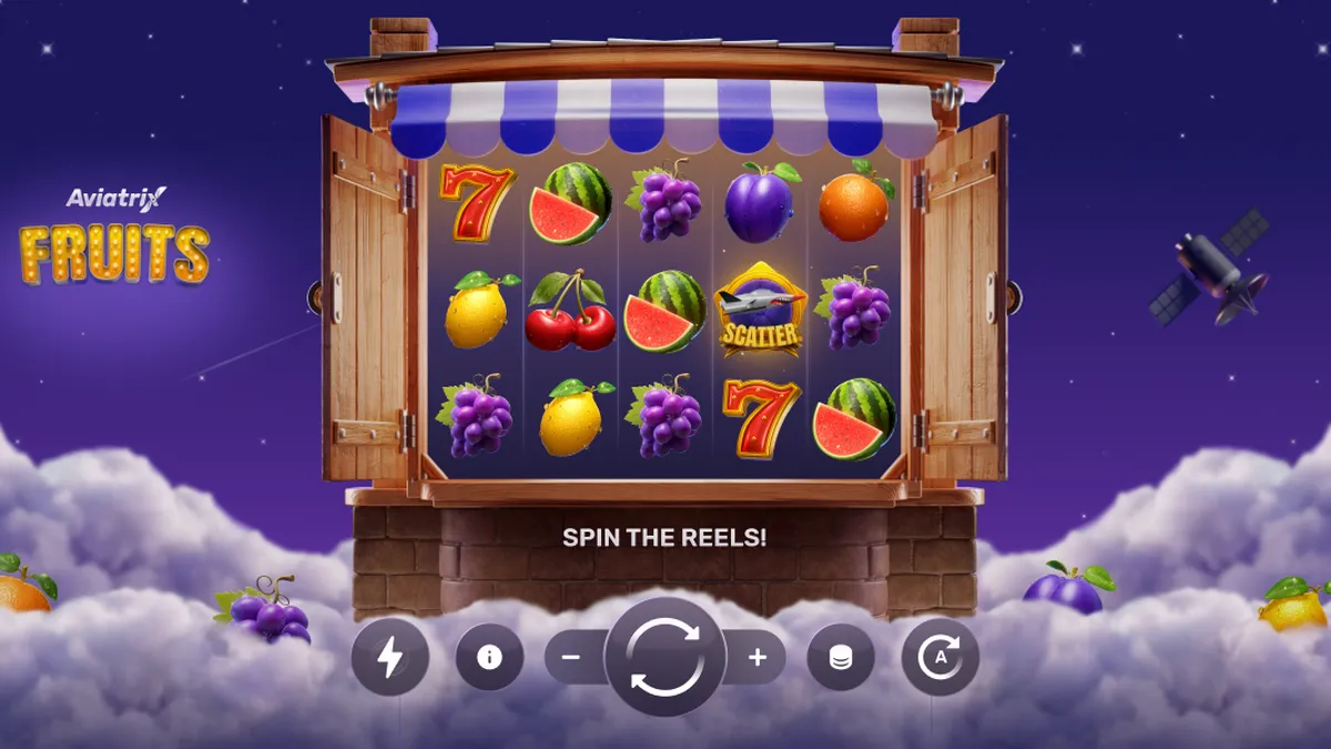 Interface do jogo Aviatrix Fruits mostrando símbolos clássicos e elementos de aviação